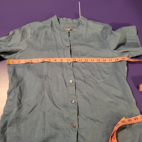 J.Jill Linen Blouse Buttondown Short Sleeve Blue  Casual Career Womens Small - Picture 9 of 11